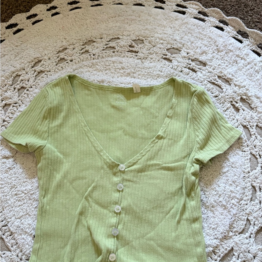 PacSun Green Ribbed Button Down Crop Top